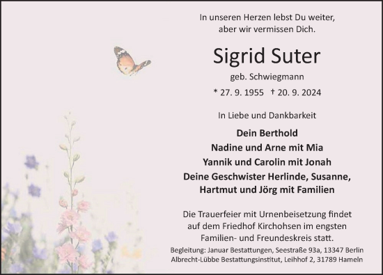 Traueranzeige von Sigrid Suter von Deister- und Weserzeitung