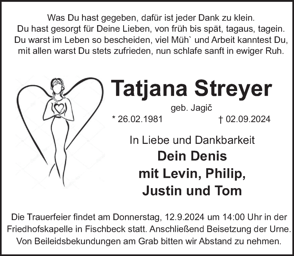  Traueranzeige für Tatjana Streyer vom 07.09.2024 aus Deister- und Weserzeitung