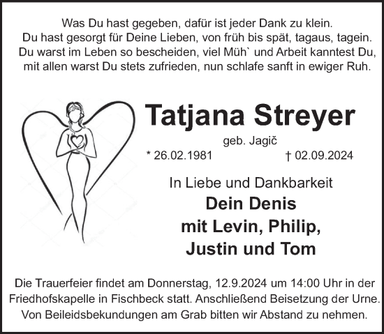 Traueranzeige von Tatjana Streyer von Deister- und Weserzeitung