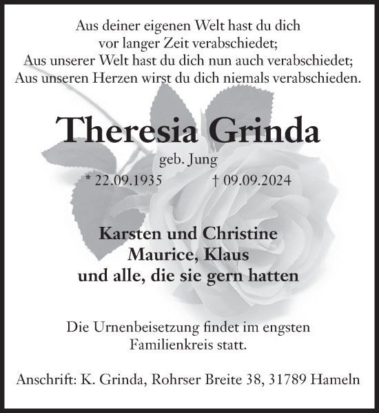 Traueranzeige von Theresia Grinda von Deister- und Weserzeitung