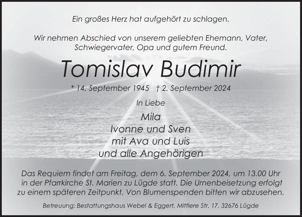  Traueranzeige für Tomislav Budimir vom 04.09.2024 aus Deister- und Weserzeitung