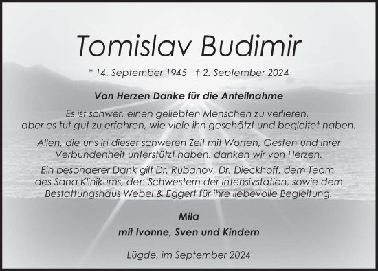 Traueranzeige von Tomislav Budimir von Deister- und Weserzeitung