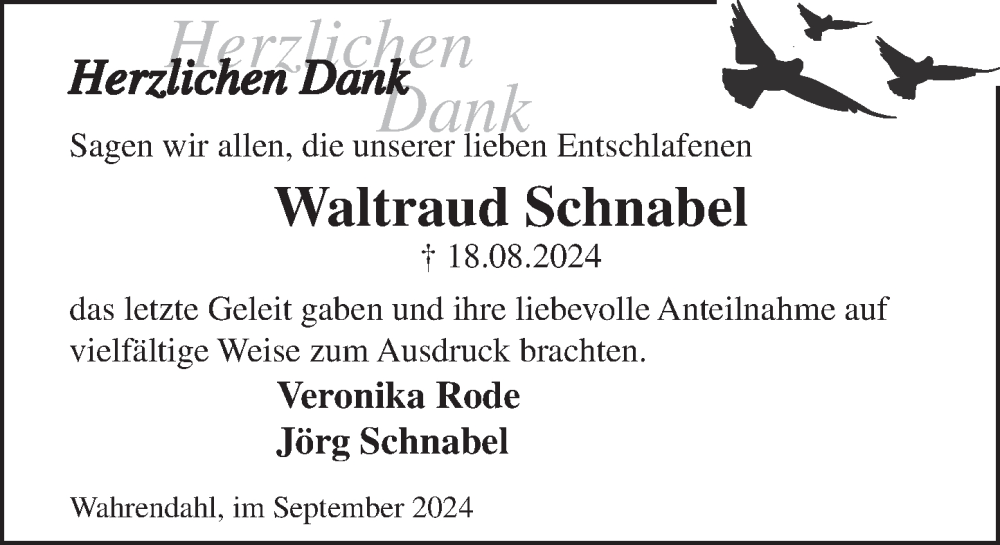  Traueranzeige für Waltraud Schnabel vom 14.09.2024 aus Deister- und Weserzeitung