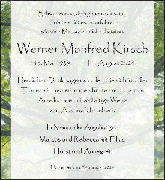 Traueranzeige von Werner Manfred Kirsch von Deister- und Weserzeitung