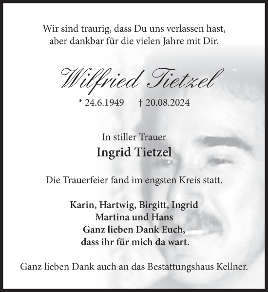 Traueranzeige von Wilfried Tietzel von Deister- und Weserzeitung