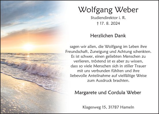 Traueranzeige von Wolfgang Weber von Deister- und Weserzeitung