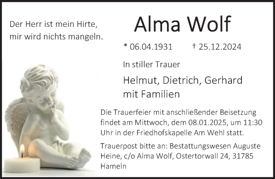 Traueranzeige von Alma Wolf von Deister- und Weserzeitung