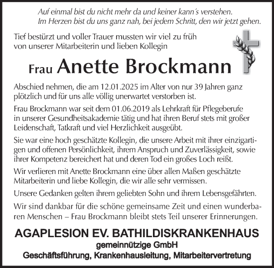 Traueranzeige von Anette Brockmann von Deister- und Weserzeitung