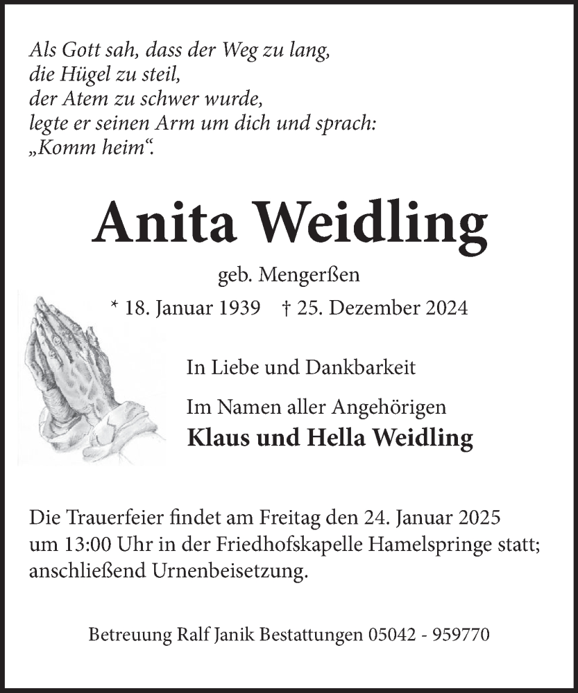  Traueranzeige für Anita Weidling vom 18.01.2025 aus Neue Deister-Zeitung