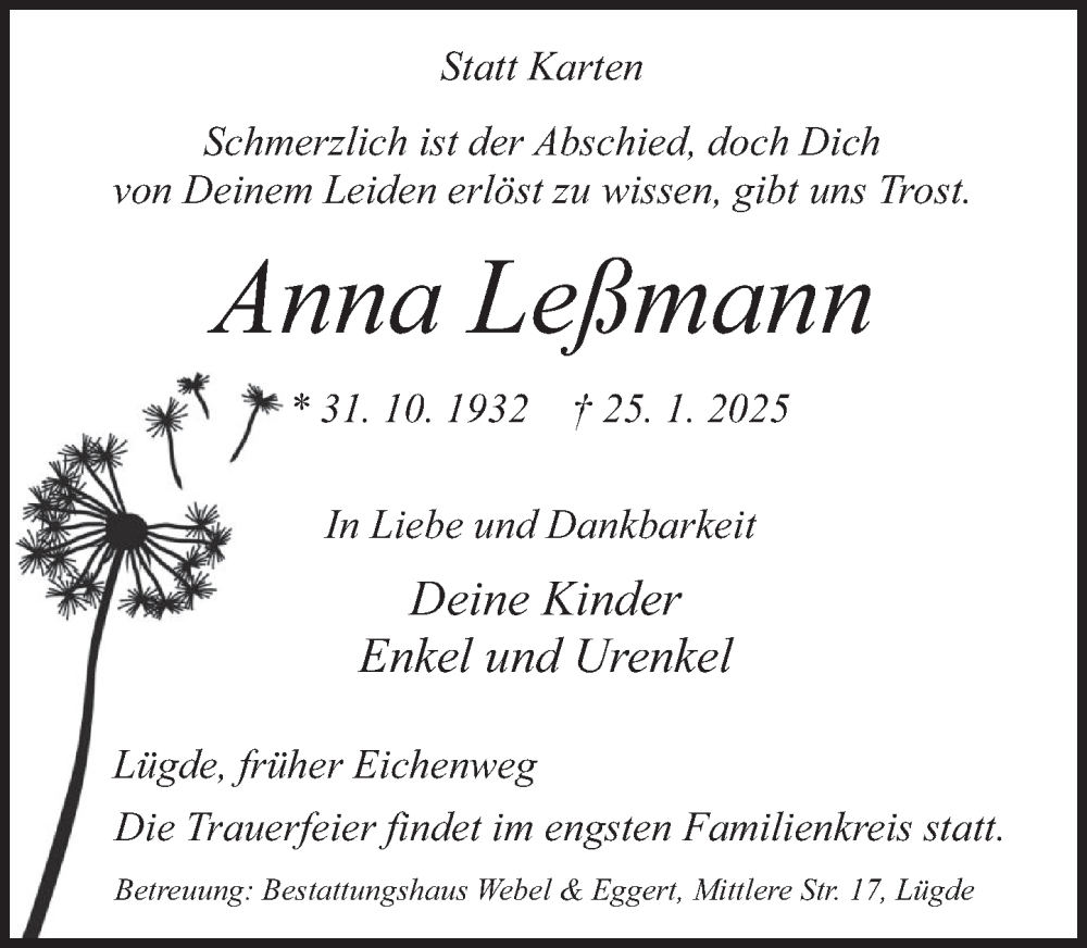  Traueranzeige für Anna Leßmann vom 31.01.2025 aus Deister- und Weserzeitung