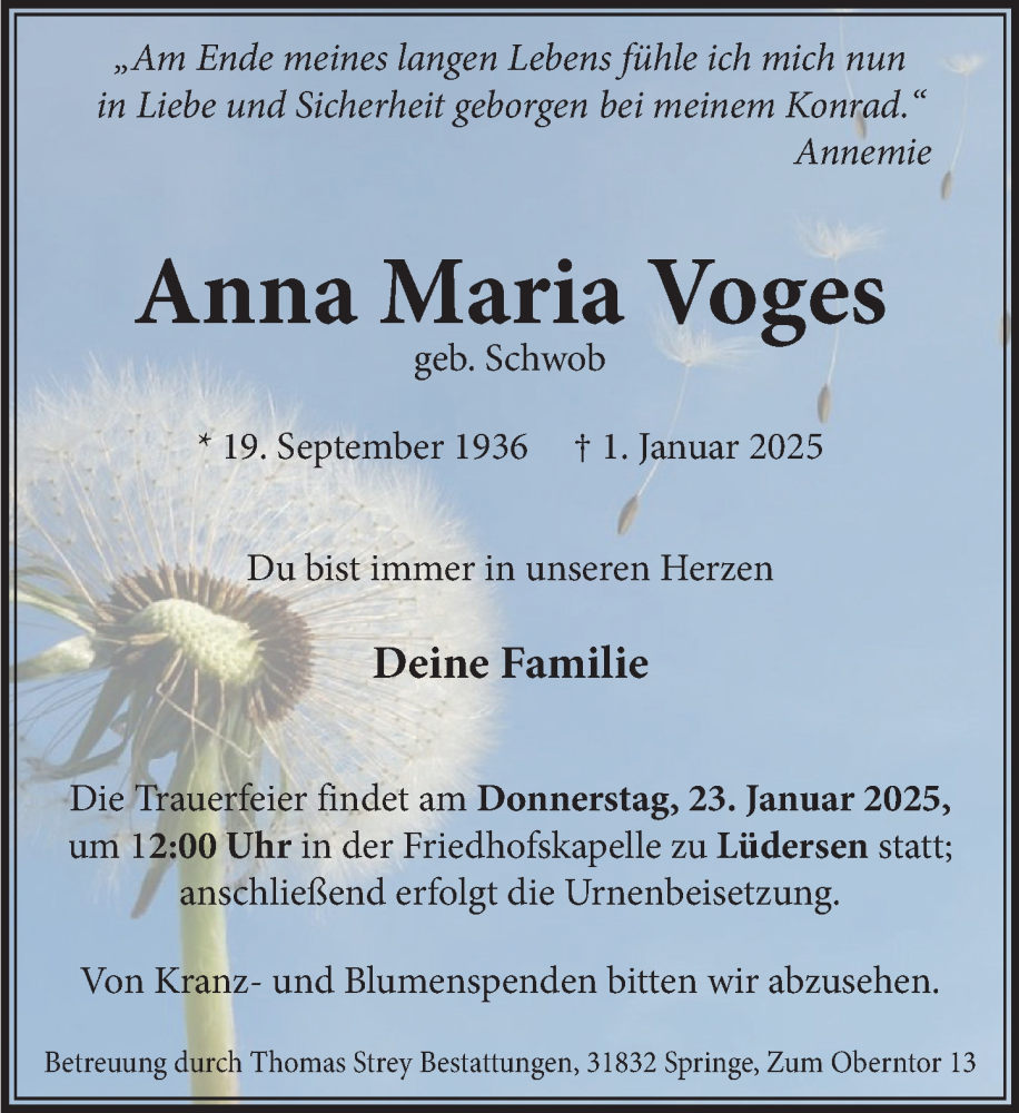  Traueranzeige für Anna Maria Voges vom 18.01.2025 aus Neue Deister-Zeitung
