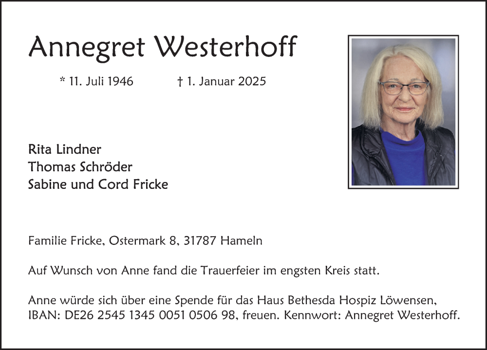  Traueranzeige für Annegret Westerhoff vom 25.01.2025 aus Deister- und Weserzeitung
