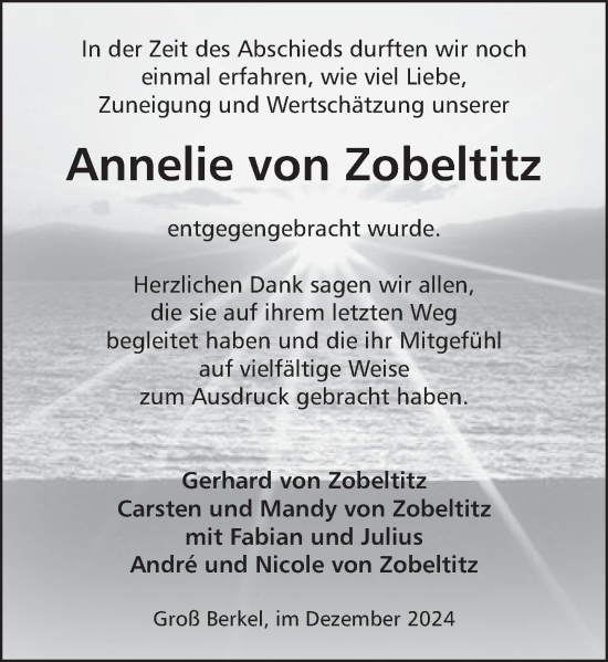 Traueranzeige von Annelie  von Zobeltitz von Deister- und Weserzeitung