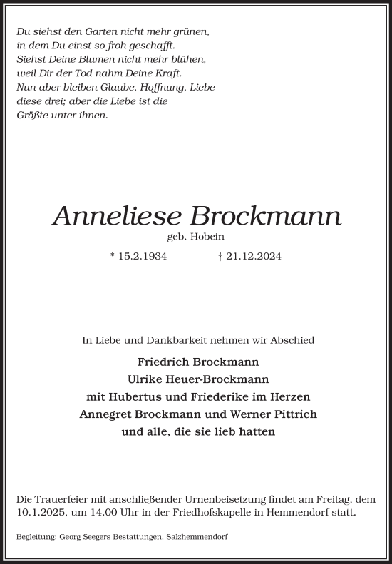 Traueranzeige von Anneliese Brockmann von Deister- und Weserzeitung