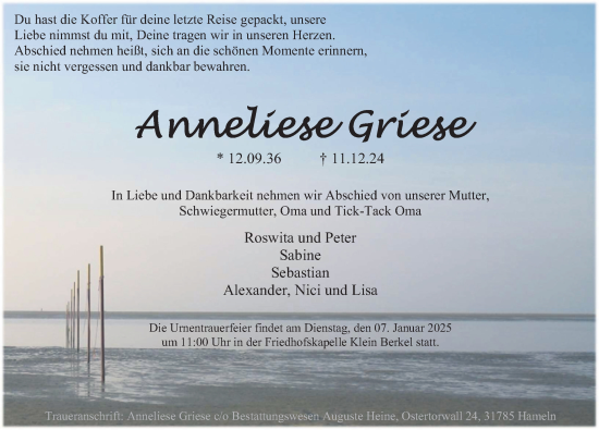Traueranzeige von Anneliese Griese von Deister- und Weserzeitung