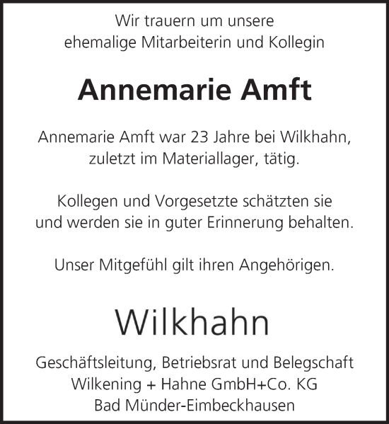 Traueranzeige von Annemarie Amft von Neue Deister-Zeitung