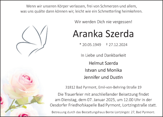 Traueranzeige von Aranka Szerda von Deister- und Weserzeitung