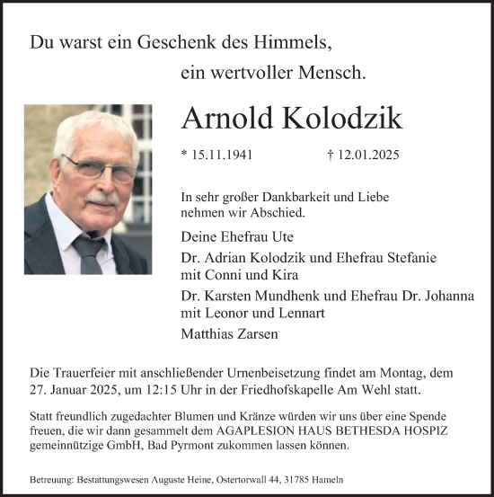 Traueranzeige von Arnold Kolodzik von Deister- und Weserzeitung