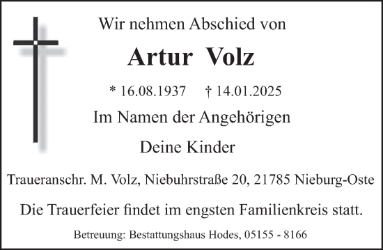 Traueranzeige von Artur Volz von Deister- und Weserzeitung