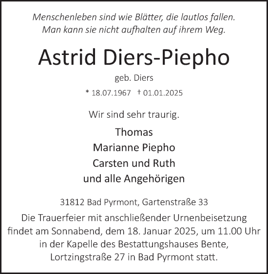 Traueranzeige von Astrid Diers-Piepho von Deister- und Weserzeitung
