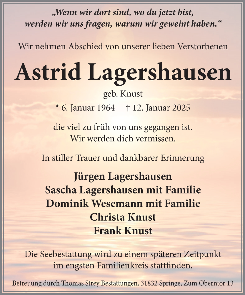  Traueranzeige für Astrid Lagershausen vom 18.01.2025 aus Neue Deister-Zeitung