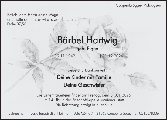Traueranzeige von Bärbel Hartwig von Deister- und Weserzeitung