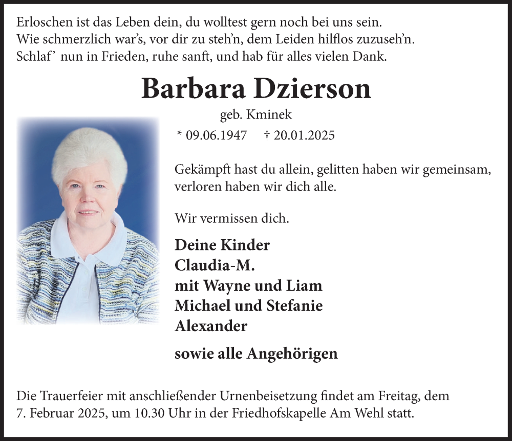  Traueranzeige für Barbara Dzierson vom 01.02.2025 aus Deister- und Weserzeitung