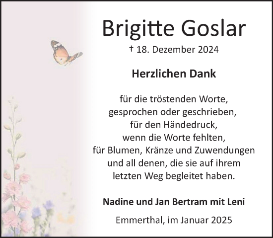 Traueranzeige von Brigitte Goslar von Deister- und Weserzeitung