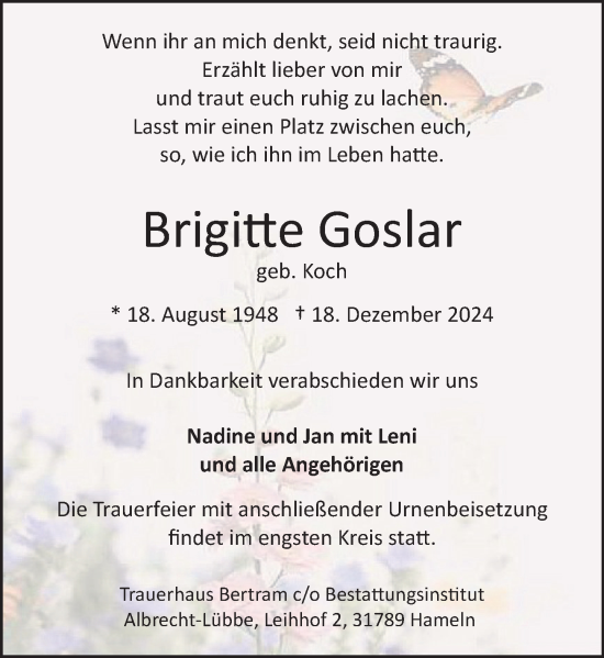 Traueranzeige von Brigitte Goslar von Deister- und Weserzeitung