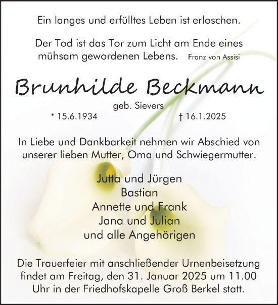 Traueranzeige von Brunhilde Beckmann von Deister- und Weserzeitung