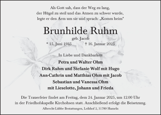 Traueranzeige von Brunhilde Ruhm von Deister- und Weserzeitung