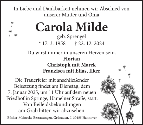 Traueranzeige von Carola Milde von Neue Deister-Zeitung