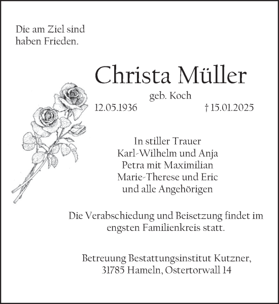 Traueranzeige von Christa Müller von Deister- und Weserzeitung