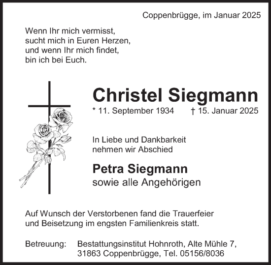 Traueranzeige von Christel Siegmann von Deister- und Weserzeitung