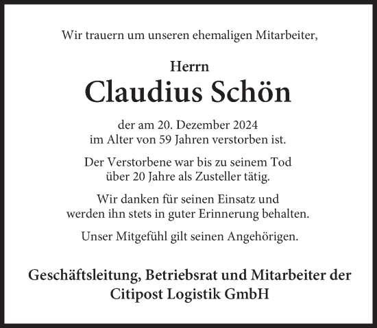 Traueranzeige von Claudius Schön von Deister- und Weserzeitung