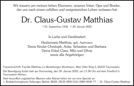 Traueranzeige von Claus-Gustav Matthias von Deister- und Weserzeitung