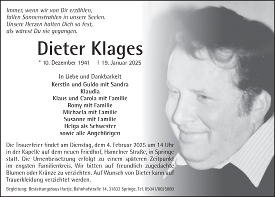 Traueranzeige von Dieter Klages von Neue Deister-Zeitung