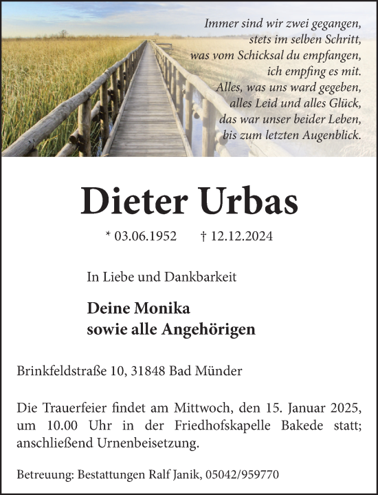 Traueranzeige von Dieter Urbas von Neue Deister-Zeitung