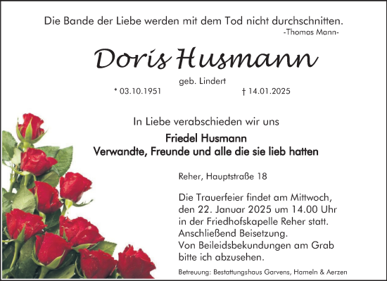 Traueranzeige von Doris Husmann von Deister- und Weserzeitung