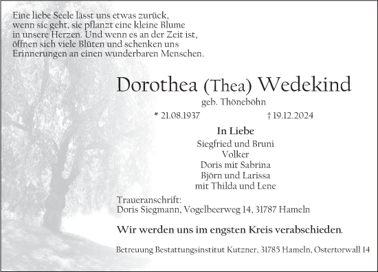 Traueranzeige von Dorothea Wedekind von Deister- und Weserzeitung