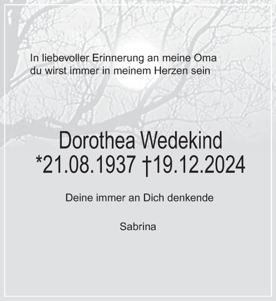 Traueranzeige von Dorothea Wedekind von Deister- und Weserzeitung