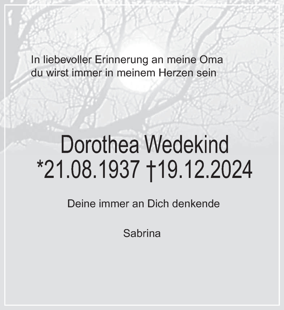 Traueranzeige für Dorothea Wedekind vom 11.01.2025 aus Deister- und Weserzeitung