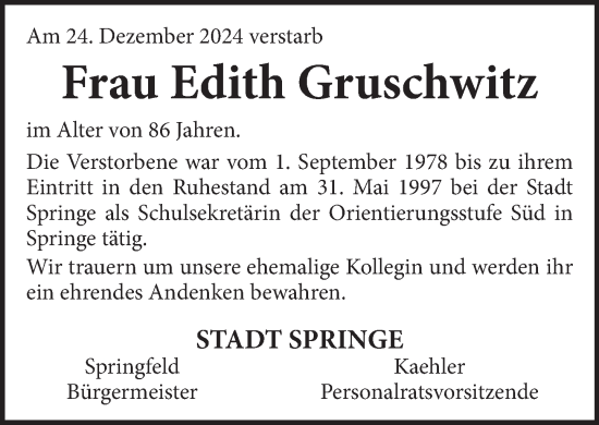 Traueranzeige von Edith Gruschwitz von Neue Deister-Zeitung