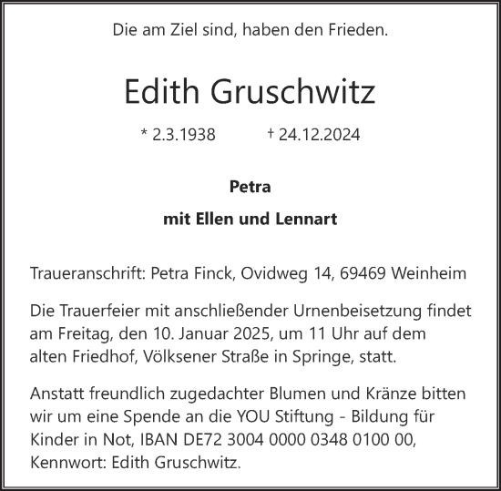 Traueranzeige von Edith Gruschwitz von Neue Deister-Zeitung