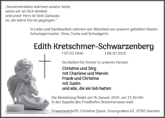 Traueranzeige von Edith Kretschmer-Schwarzenberg von Deister- und Weserzeitung
