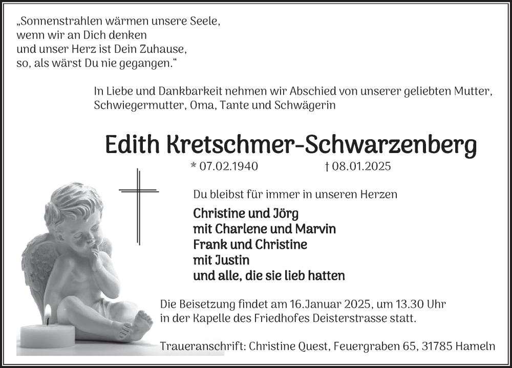  Traueranzeige für Edith Kretschmer-Schwarzenberg vom 14.01.2025 aus Deister- und Weserzeitung