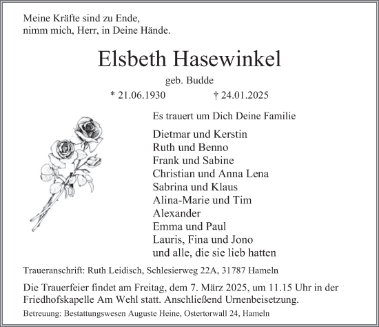 Traueranzeige von Elsbeth Hasewinkel von Deister- und Weserzeitung
