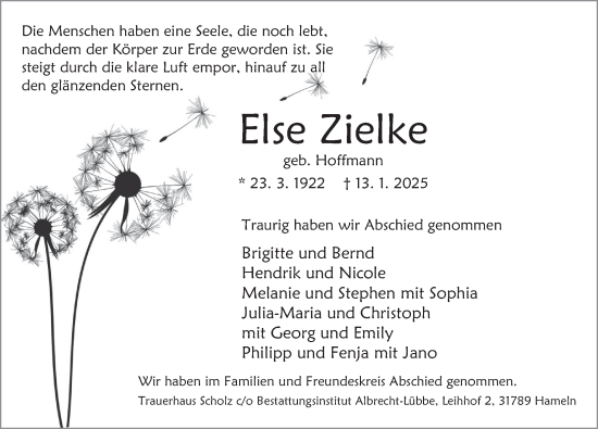 Traueranzeige von Else Zielke von Deister- und Weserzeitung