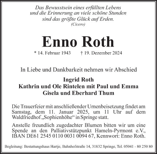 Traueranzeige von Enno Roth von Neue Deister-Zeitung