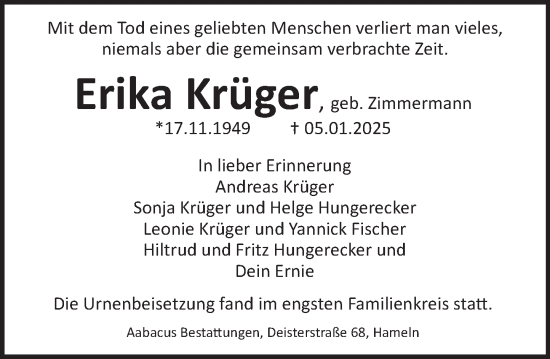 Traueranzeige von Erika Krüger von Deister- und Weserzeitung